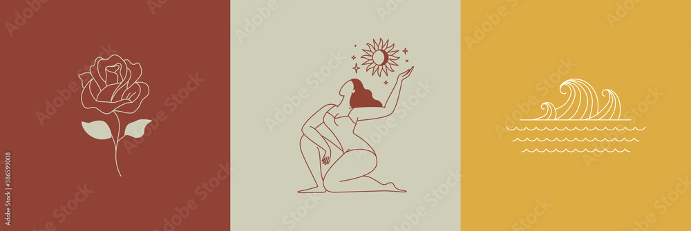 Poster beautiful female figure. vector logo design template and illustration in simple minimal linear style