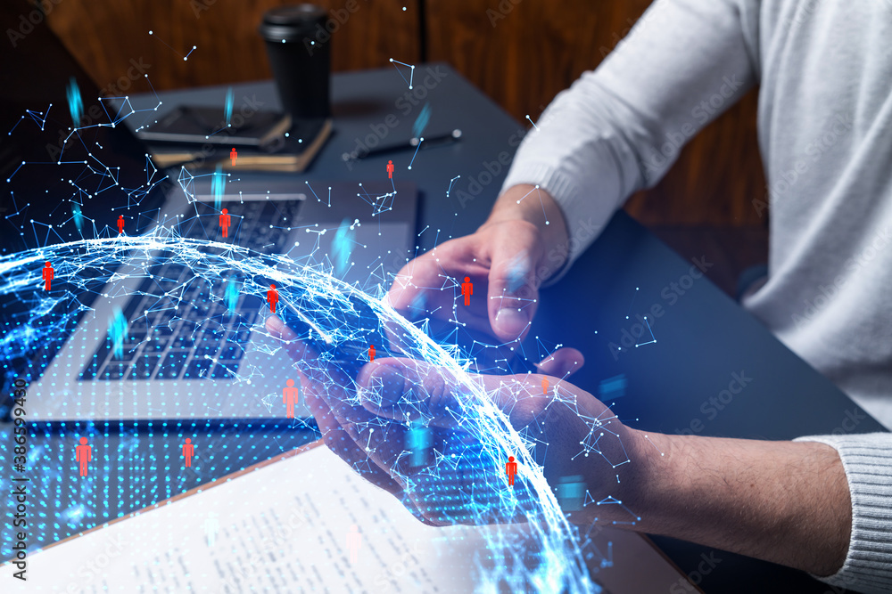 Poster man using phone. hands typing smartphone. double exposure with social media and globe hologram. clos