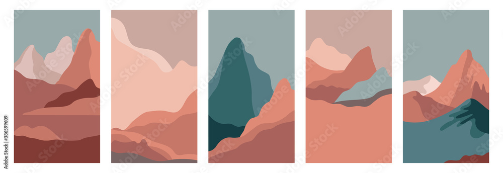 Poster Vector set of abstract creative backgrounds in minimal trendy style with copy space for text  and mountain landscape - design templates for social media stories 
