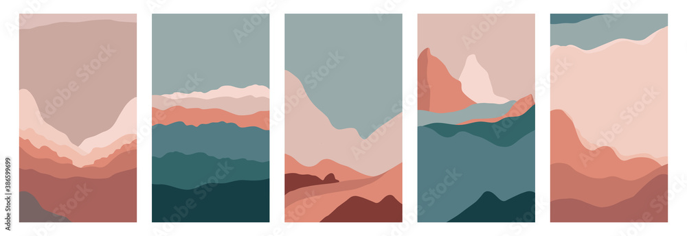 Aufkleber Vector set of abstract creative backgrounds in minimal trendy style with copy space for text  and mountain landscape - design templates for social media stories 