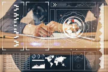 Writing human hands with tech theme multi exposure icons.