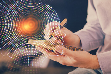 Brain multi exposure icon with man hands background.