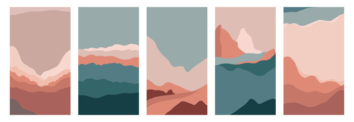 Vector set of abstract creative backgrounds in minimal trendy style with copy space for text  and mountain landscape - design templates for social media stories 