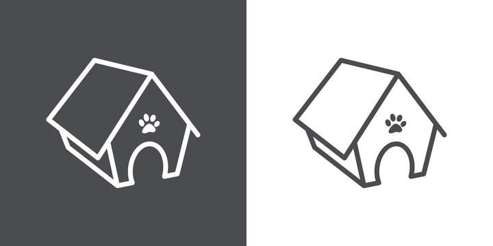 Concepto cuidado de mascotas. Icono plano lineal casa de mascota en perspectiva con huella de pisada en fondo gris y fondo blanco - Powered by Adobe
