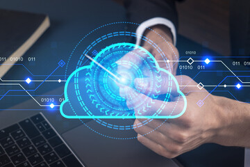 Businessman search for information using phone. Cloud icon hologram.