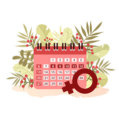 Menstrual Calendar on Leaves Background in Flat Style. Women of period. Cycle control. Vector stock illustration.