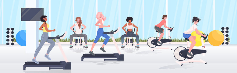 people doing physical exercises on training apparatus fitness workout healthy lifestyle concept modern gym interior full length horizontal vector illustration