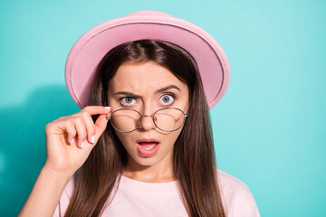 Photo portrait of suspicious pretty girl lady wear vintage headwear arm fingers touching glasses...