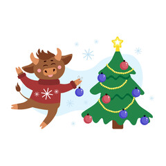 Obraz na płótnie Canvas Vector christmas illustration of cow, ox or bull with christmas ball in ugly sweater around snow flakes decorating christmas tree. Year of bull 2021 concept. Christmas holidays, xmas illustration