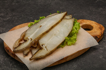 Delicous smoked halibut slices snack