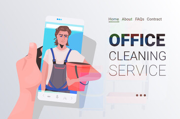 male janitor man cleaner on smartphone screen self isolation office cleaning service concept horizontal copy space portrait vector illustration