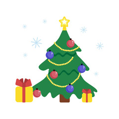 Vector christmas illustration of christmas tree with present boxes and gifts around snow flakes. New Year 2021 concept. Christmas holidays, xmas illustration