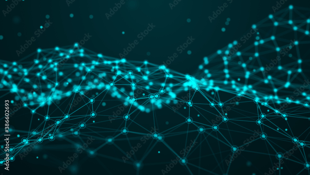 Poster network of bright connected dots and lines. abstract dynamic wave of many points. digital background