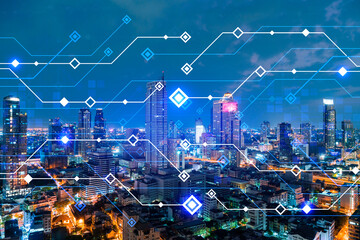 Information flow hologram, night panorama city view of Bangkok. The largest technological center in Asia. The concept of programming science. Double exposure.