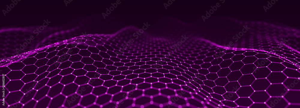 Poster abstract dynamic wave of points and lines. hexagon. big data. network of particles. digital backgrou