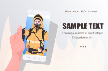 firefighter in uniform on smartphone screen self isolation online communication concept horizontal copy space portrait vector illustration
