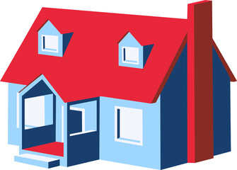 Vector white isolated isometric building with porch illustration in red and blue colors. Real estate on sale design in volumetric style. Perfect for stay home announcements
