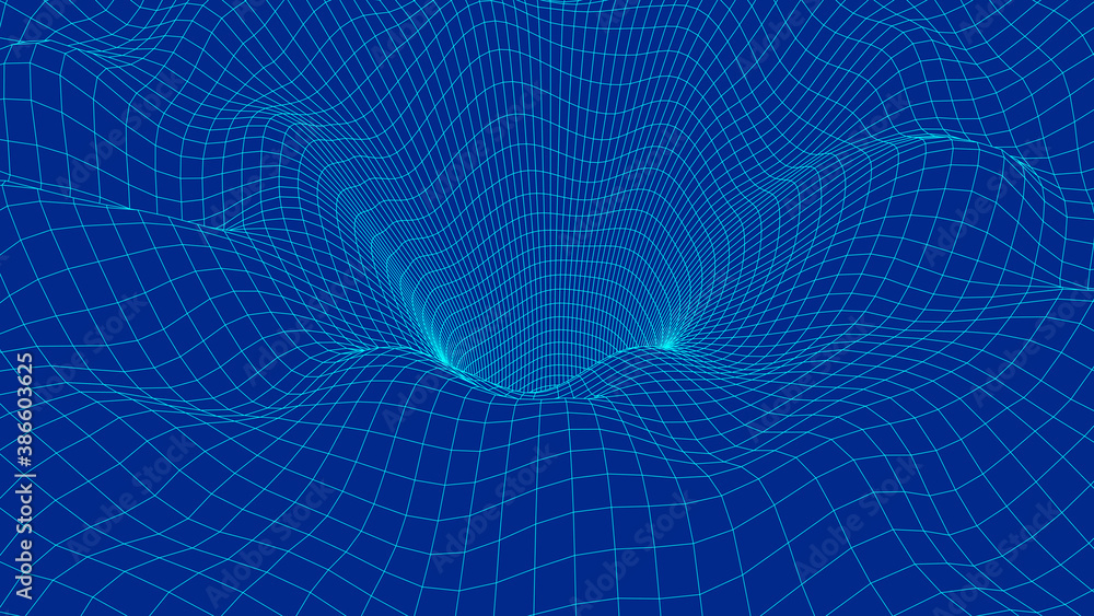 Poster curved wireframe abstract tunnel. 3d vector wormhole with a mesh structure. vortex. vector perspecti