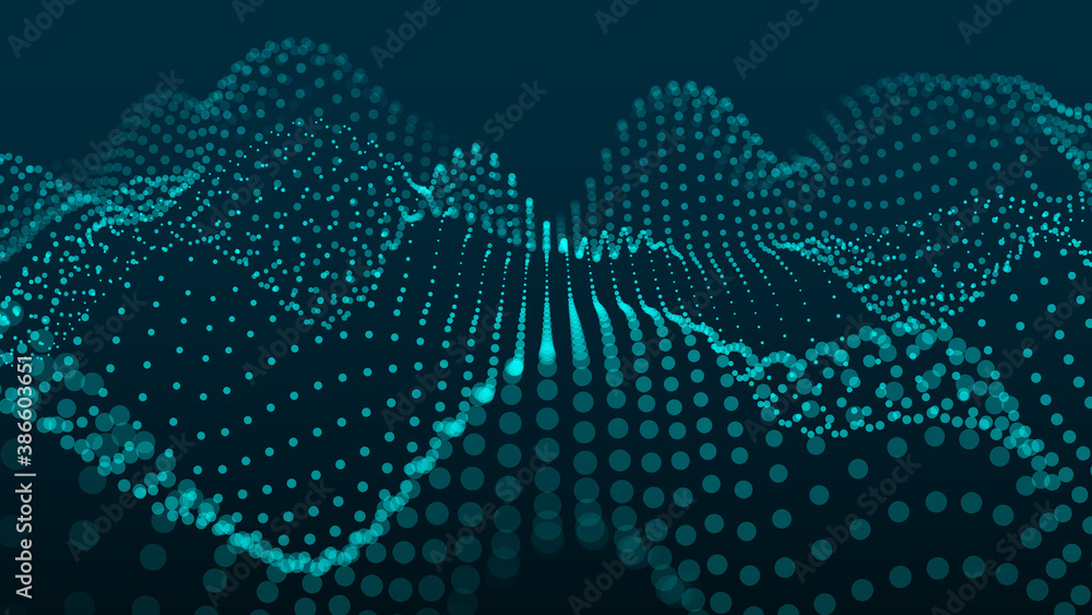 Poster abstract gradient dynamic wave of glowing particles. network of neon dots. big data. digital backgro