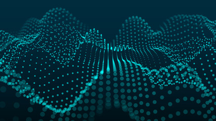 Abstract gradient dynamic wave of glowing particles. Network of neon dots. Big data. Digital background. Vector