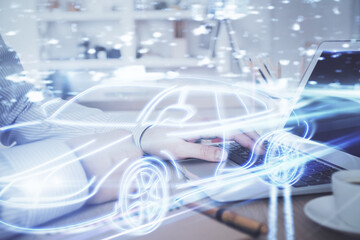 Automobile theme drawing with businessman working on computer on background. Autopilot taxi concept. Multi exposure.