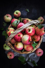 Fresh ripe autumn red apples in basket on rustic background