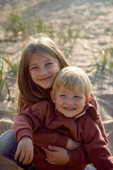 brother and sister in a hoodie sit on the sand