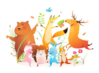 Kids forest animals dancing party, happy bear, fox moose rabbit squirrel and hedgehog forest pets disco. Vector watercolor style cartoon.