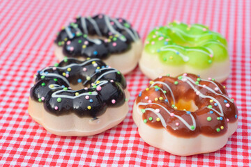 Doughnut dessert on red tablecloth