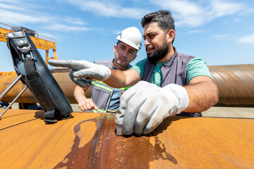 Non-destructive testing technicians are checking welds of pipe with ultrasonic testing (UT) method. Ultrasonic testing is often performed on steel and other metals and alloys.