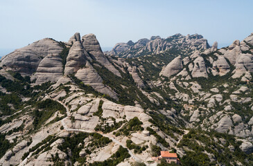 View from drone on Montserrat - multi-peaked rocky range near Barcelona, Spain