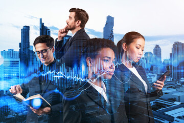 Group of business colleagues in suits as a part of multinational corporate team working on forecasting trading corporate strategy at fund. Forex chart. Bangkok on background. Double exposure