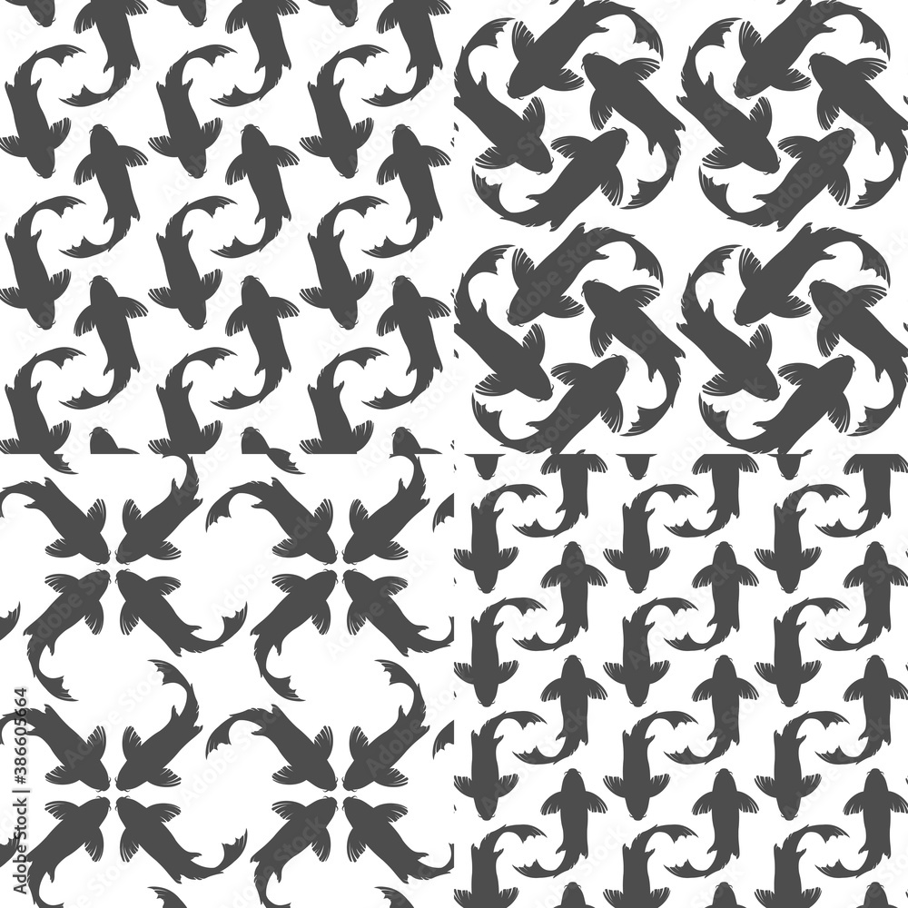 Poster set of black and white seamless patterns with koi carp fish. vector backgrounds.