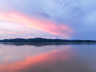 Fototapeta na wymiar Beautiful sunrise on Mekong river at Chiang Khan, border of Thailand and Laos, Loei province,Thailand.