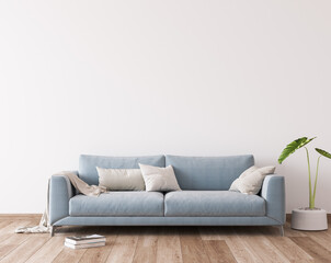Blue sofa in modern living room design, wall mockup