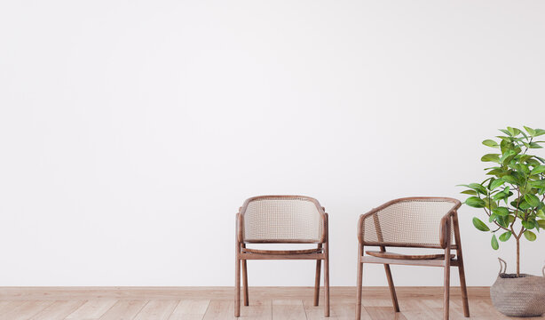 Two wooden chairs on empty white wall, farmhouse living room mock up, 3d render