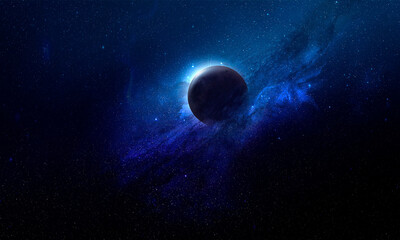 abstract space 3D illustration, 3d image, 3d rendering, background image, planets in space in the radiance of stars