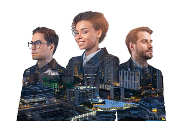 Double exposure of three young, successful, business people, man and woman, standing in front of...