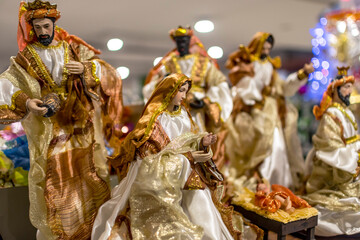 Detailed Miniature figures depicting the Nativity Scene on display at a department store. Christmas...