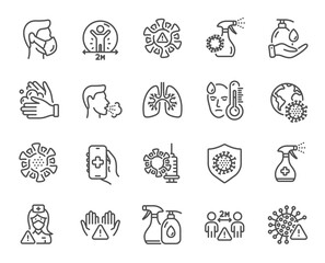 Coronavirus line icons. Medical Mask, Washing Hands, Corona Virus Symptoms. Social Distance, Hand Sanitizer, Face mask line icons. Covid-19 pandemic, Lung Disease, coronavirus hygiene. Vector