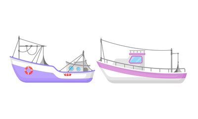 Regular Ship with Cabin and Mast as Water Transport Vector Set