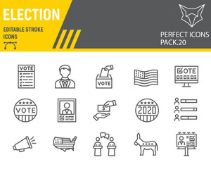 Voting and Election line icon set, vote collection, vector sketches, logo illustrations, Elections icons, Voting 2020 signs linear pictograms, editable stroke.