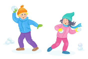 Children in winter. Cute little girl  and funny boy are playing snowballs. In cartoon style. Isolated on white background. Vector flat illustration.