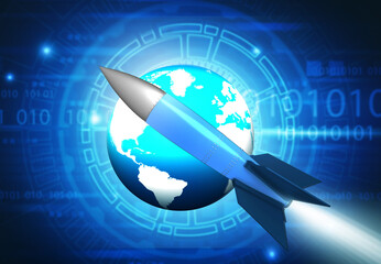 World with rocket on technology background. 3d illustration.