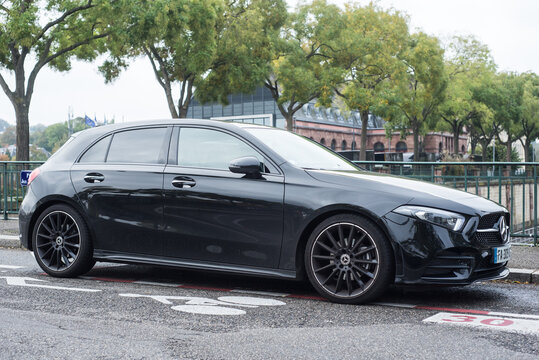 Mulhouse - France - 18 October 2020 - Profile View Of Black Mercedes Class A Parked In The Street