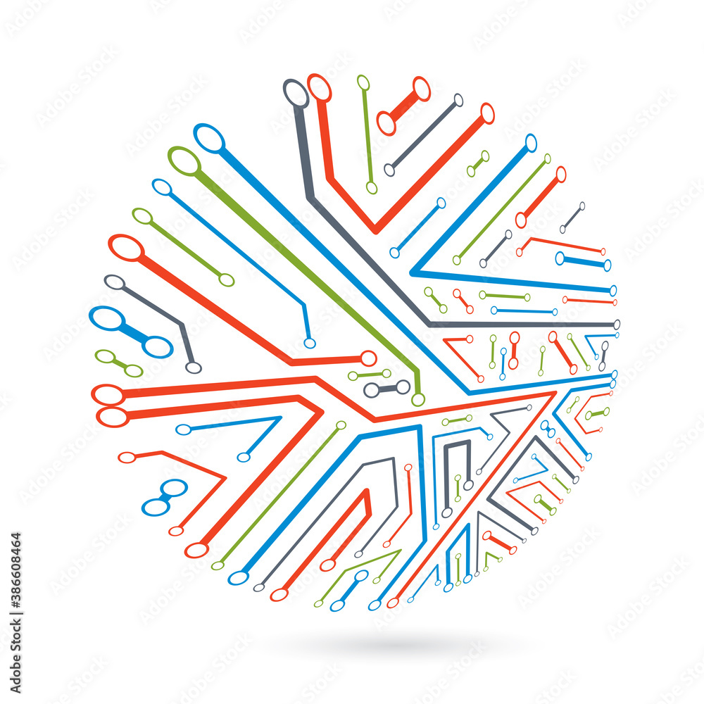 Poster technology communication round cybernetic element. vector abstract illustration of circuit board.