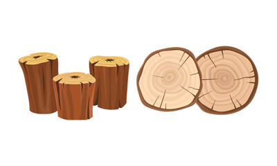 Stump and Tree Rings as Firewood and Wooden Material Used for Fuel Vector Set
