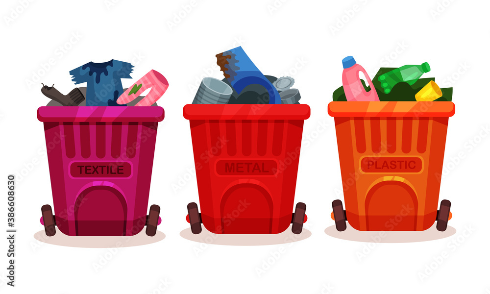 Poster trash bins full of sorted garbage vector set