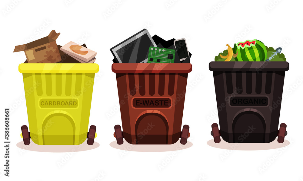 Poster trash bins full of sorted garbage vector set