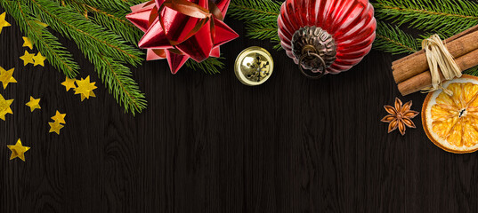 Christmas decorations on a wooden background with copy space